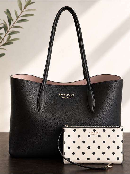 kate spade Handbags - Kate Spade Black Leather Tote Bag set with Polka Dot Wristlet Wallet